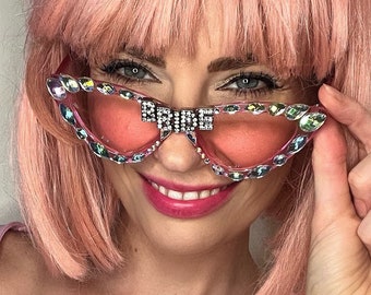 BRIDE Diamanté Pink Iridescent Cat Eye Hen Party Festival Sunglasses