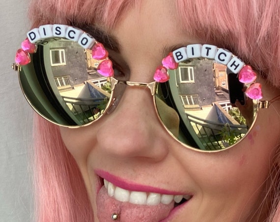DISCO <3 BITCH Round Pink /Turquoise Mirror Festival Sunglasses - Custom Designs Available