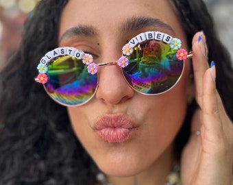 GLASTO / GLASTONBURY Round Rainbow Mirror Festival Sunglasses - Custom Text Available / Rave / Party