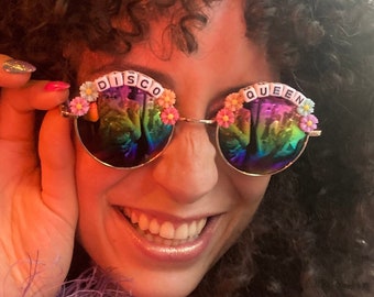 DISCO QUEEN Round Rainbow Mirror Flower Festival Sunglasses - Custom Designs Available