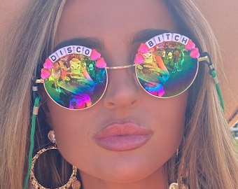 DISCO BITCH Round Rainbow Mirror Festival Sunglasses - Custom Designs Available / Party / Rave