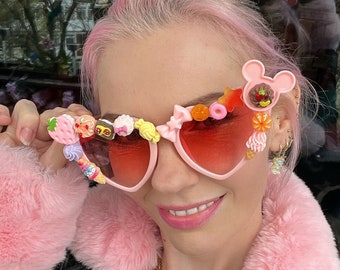 Candy Cake Pink Heart Festival Sunglasses / Party / Rave / Birthday / Kandi / Cute / Kawaii