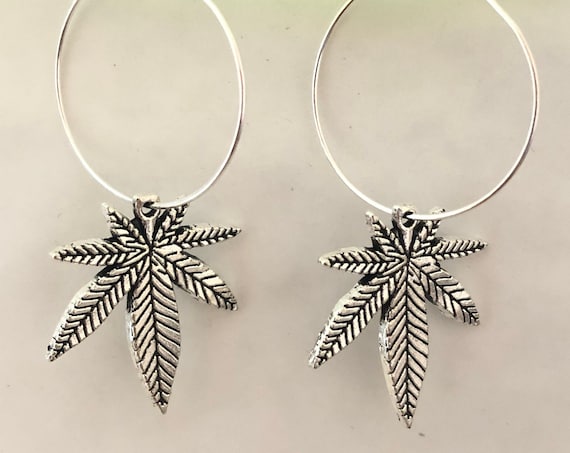Weed Palm Leaf silver drop hoop earrings