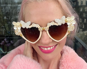 Flower Embellished Bride / Wedding / Festival Sunglasses / Hen / Bachelorette / Gold/ Ivory / Bride To Be