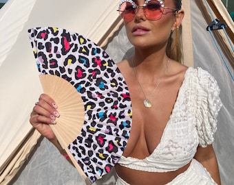 Multi Colour Leopard Print Folding Festival / Rave / Party Hand Fan