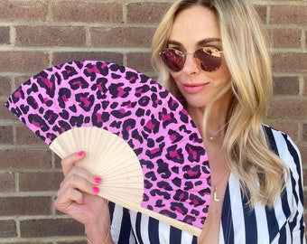 Pink Leopard Print Folding Festival / Rave / Party Hand Fan