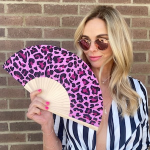 Pink Leopard Print Folding Festival / Rave / Party Hand Fan