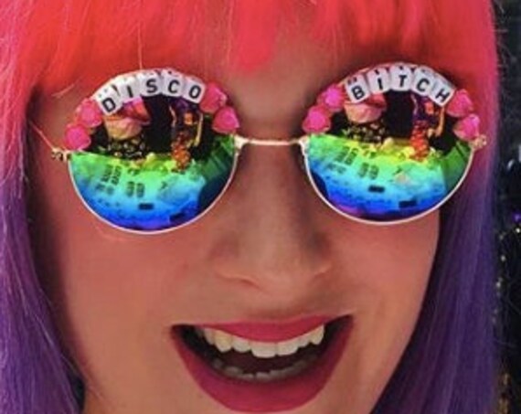 DISCO <3 BITCH Round Rainbow Mirror Festival Sunglasses - Custom Designs Available