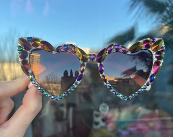 Iridescent Jewel Purple Gold Heart Festival Sunglasses