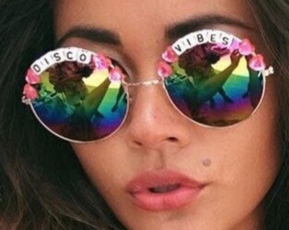 DISCO <3 VIBES Round Rainbow Mirror Festival Sunglasses - Custom Designs Available