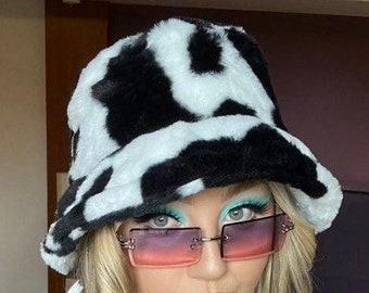 Fluffy COW PRINT Faux Fur Bucket Hat