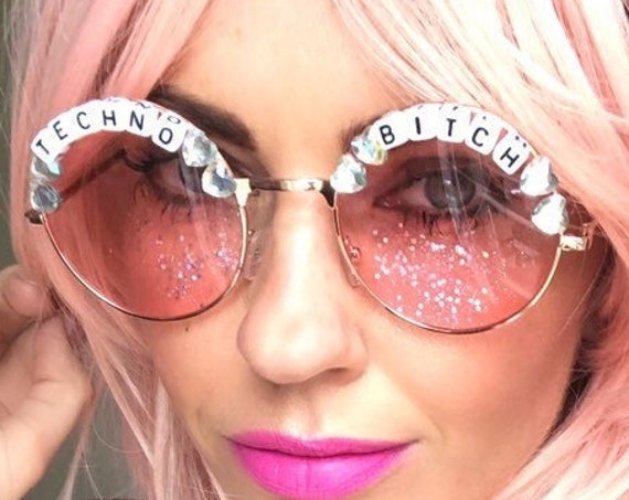 TECHNO <3 BITCH Round Festival Sunglasses - Custom Designs Available