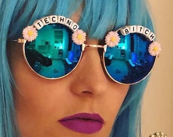 TECHNO <3 BITCH Round Festival Sunglasses - Custom Designs Available