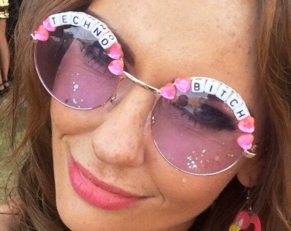 TECHNO <3 BITCH Round Colour Tint Festival Sunglasses - Custom Designs Available