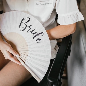 BRIDE Print White Folding Bamboo & Fabric Hand Fan for Hen or Wedding / Bachelorette / Gift image 1