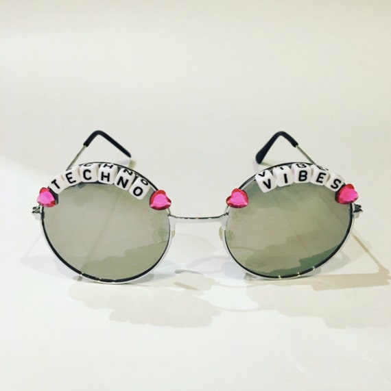 TECHNO <3 VIBES Round Silver Mirror Festival Sunglasses - Custom Designs Available