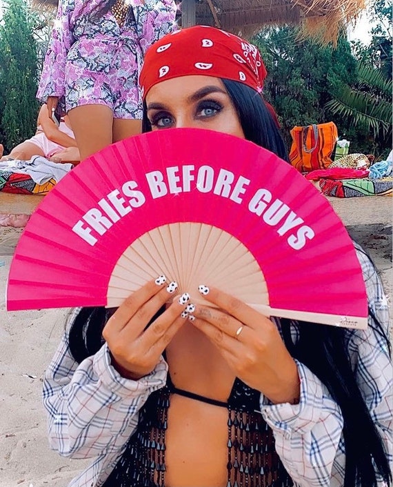 FRIES BEFORE GUYS Pink Wooden/ Fabric Spanish Folding Hand Fan