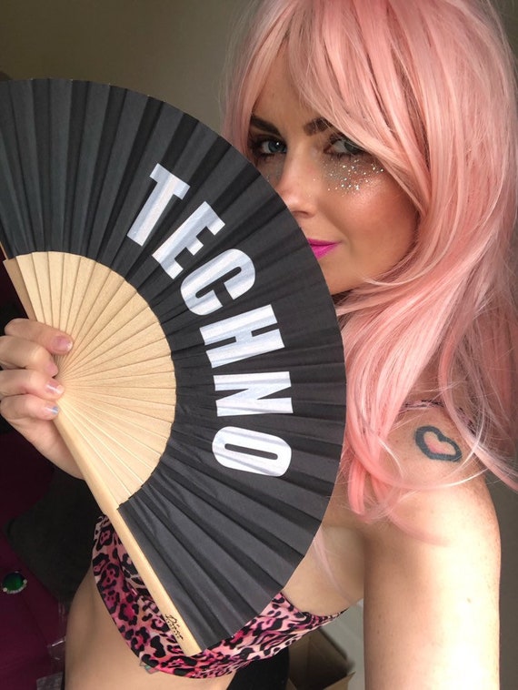 TECHNO Print Black Wooden/ Fabric Spanish Folding Hand Fan