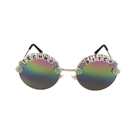 TECHNO <3 BITCH Round Rainbow Mirror Flower Festival Sunglasses - Custom Designs Available
