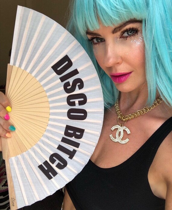 DISCO BITCH Print White & Black Wooden/ Fabric Spanish Folding Hand Fan