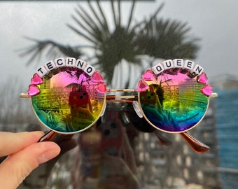 TECHNO QUEEN Round Festival Sunglasses - Custom Text Available