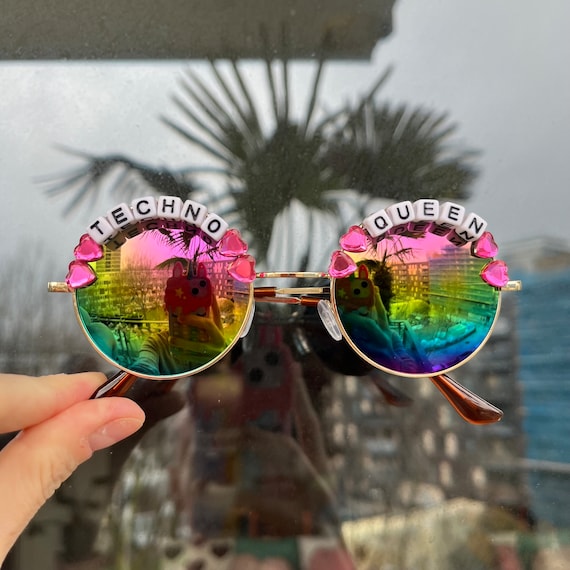 TECHNO QUEEN Round Festival Sunglasses - Custom Text Available