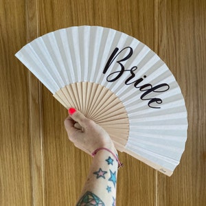 BRIDE Print White Folding Bamboo & Fabric Hand Fan for Hen or Wedding / Bachelorette / Gift image 10