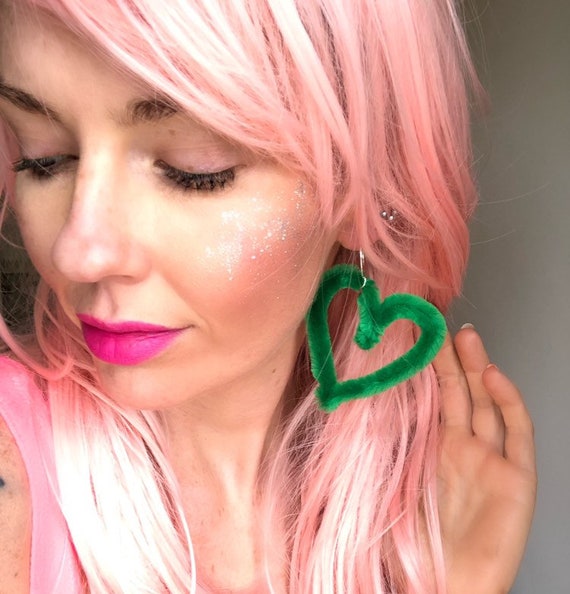 Green Fluffy Heart Festival Earrings