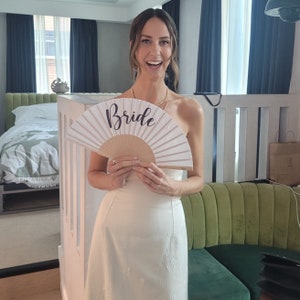 BRIDE Print White Folding Bamboo & Fabric Hand Fan for Hen or Wedding / Bachelorette / Gift image 6