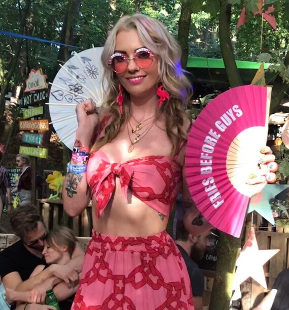 FRIES BEFORE GUYS Pink Wooden/ Fabric Spanish Folding Hand Fan