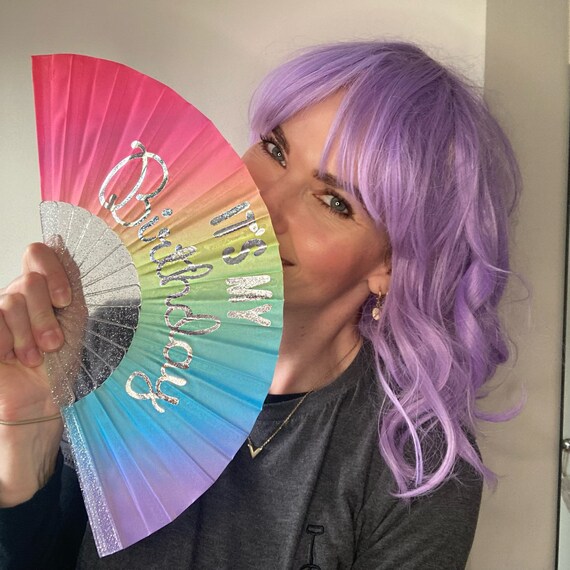 ITS MY BIRTHDAY Rainbow Print Fabric Folding Hand Fan