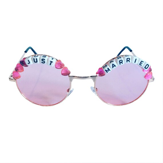 JUST <3 MARRIED Round Pink tint Festival Sunglasses - Custom Designs Available
