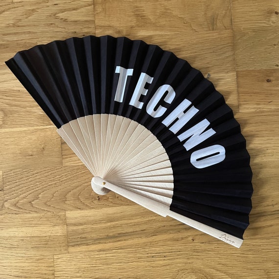 DEFECT Discount - TECHNO Print Black Wood / Fabric Spanish Folding Hand Fan