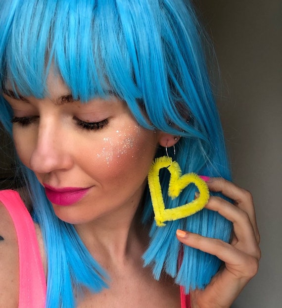 Neon Yellow Fluffy Heart Festival Earrings