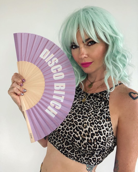 DISCO BITCH Print Lilac & White Wooden/ Fabric Spanish Folding Hand Fan