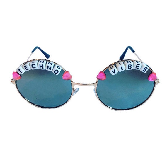 TECHNO <3 VIBES Round Heart Silver Mirror Festival Sunglasses - Custom Designs Available