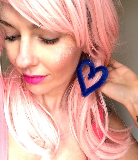 Navy Blue Fluffy Heart Festival Earrings