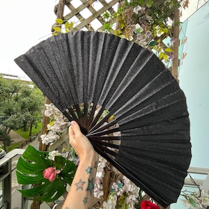XL/ Large Glittery Black Fabric & Wood Folding Festival / Rave / Party Hand Fan