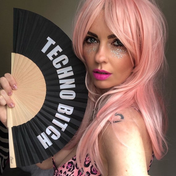 TECHNO BITCH Print Wooden/ Fabric Spanish Folding Hand Fan