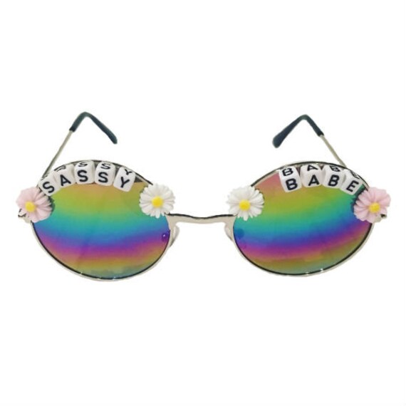 SASSY <3 BABE Round Rainbow Mirror Daisy Festival Sunglasses - Custom Designs Available