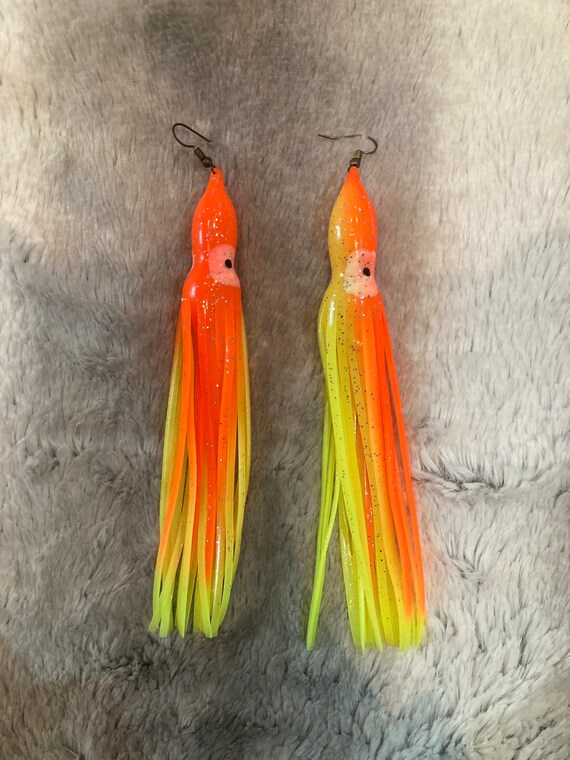 Neon Orange & Yellow UV Gitter Squid Festival Earrings 14cm