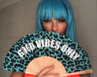 GOOD VIBES ONLY Turquoise Leopard Print Folding Festival / Rave / Party Hand Fan