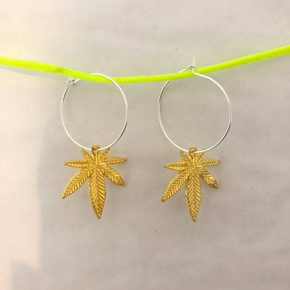 Weed Palm Leaf gold drop hoop earrings