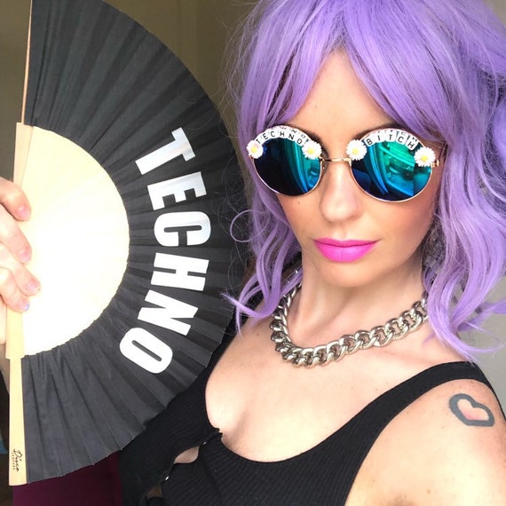 TECHNO <3 BITCH Round Blue Mirror Festival Sunglasses - Custom Designs Available