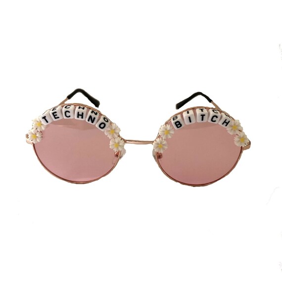 TECHNO <3 BITCH Round Colour Tint Festival Sunglasses - Custom Designs Available