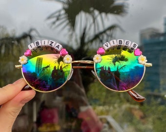 IBIZA VIBES Round Colourful Rave / Festival Sunglasses - Custom Text Available