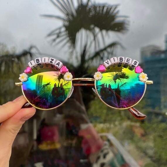 IBIZA VIBES Round Colourful Rave / Festival Sunglasses - Custom Text Available