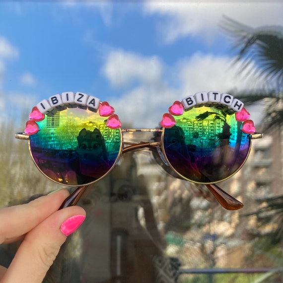 IBIZA BITCH Round Rainbow Mirror Heart Festival Sunglasses - Custom Designs Available