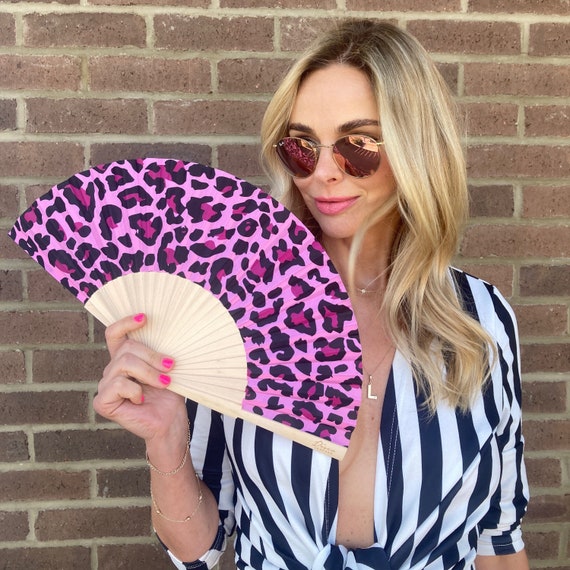 Pink Leopard Print Wood & Fabric Spanish Folding Hand Fan