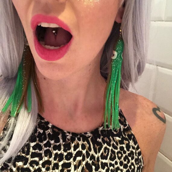 Green & Yellow Neon UV Gitter Squid Festival Earrings 14cm
